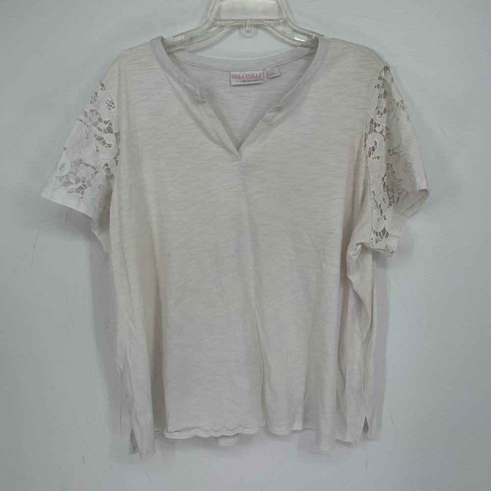 Bellisima Kim Gravel Women's White Crochet Lace Short Sleeve V-Neck Top Size 2X